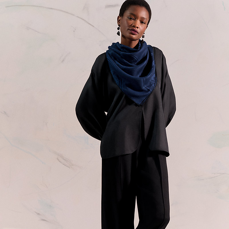 ★優美品•HERMES，SILKネイビー　※ジャガード H織柄•箱付き New Libris scarf 110 - Blue | Hermès Mainland China